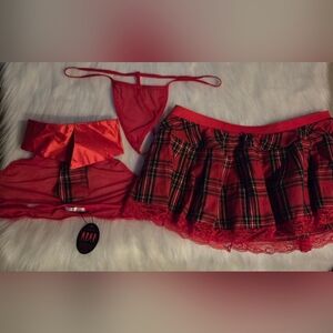 AvidLove Red Plaid Sheer Lingerie Set (Thong, Skirt, Top w/ Tie)